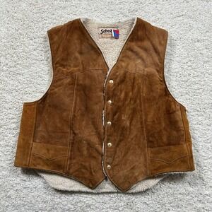 Schott Western Vest XXL Brown Suede Leather Sherpa Lined Snap Made in USA